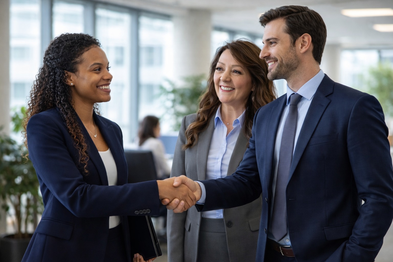 Business professionals shaking hands during a meeting